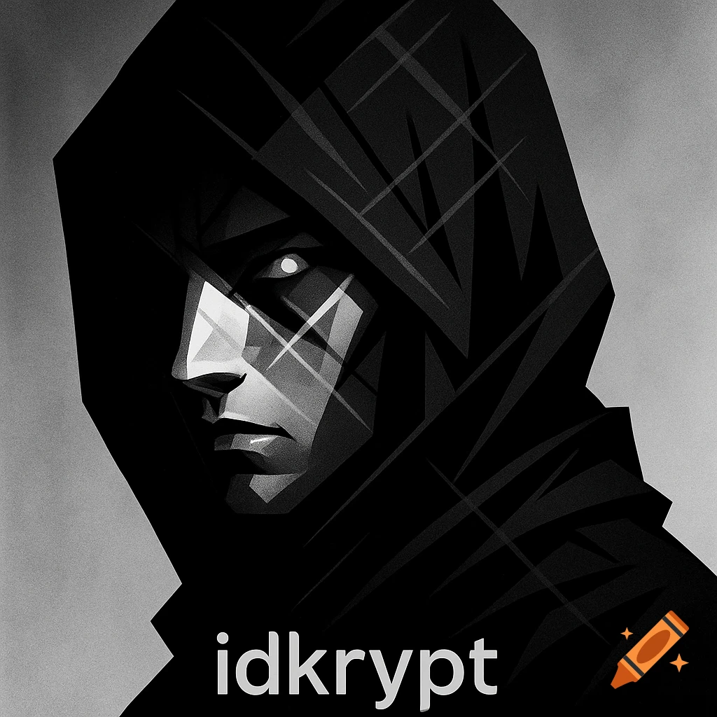 A stylized black and white portrait of a hooded figure with glowing eyes and geometric shadows, with 'idkrypt' below.