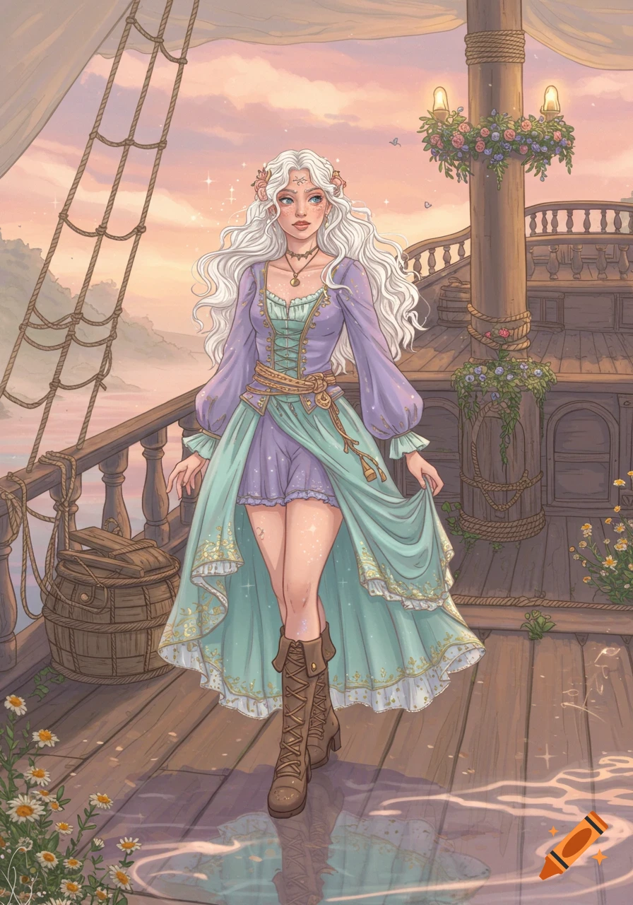A whimsical illustration of a fantasy woman with long white hair and a purple and teal dress, standing on a wooden ship deck at sunset.