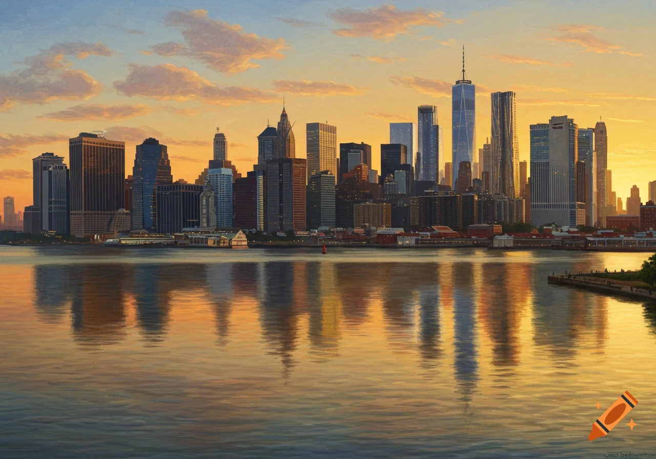 Painted Manhattan skyline at sunset, reflected in the water, in the style of Canaletto and Bellotto.