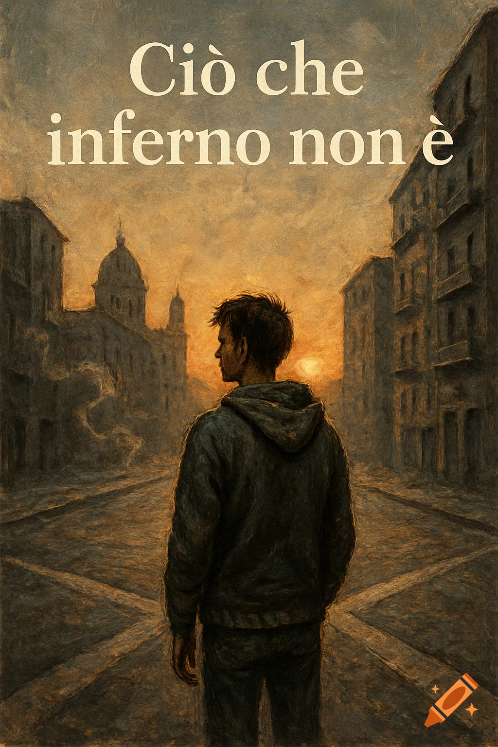 A person in a hoodie stands in a painterly city street at sunset, looking at distant buildings. Text reads "Ciò che inferno non è".