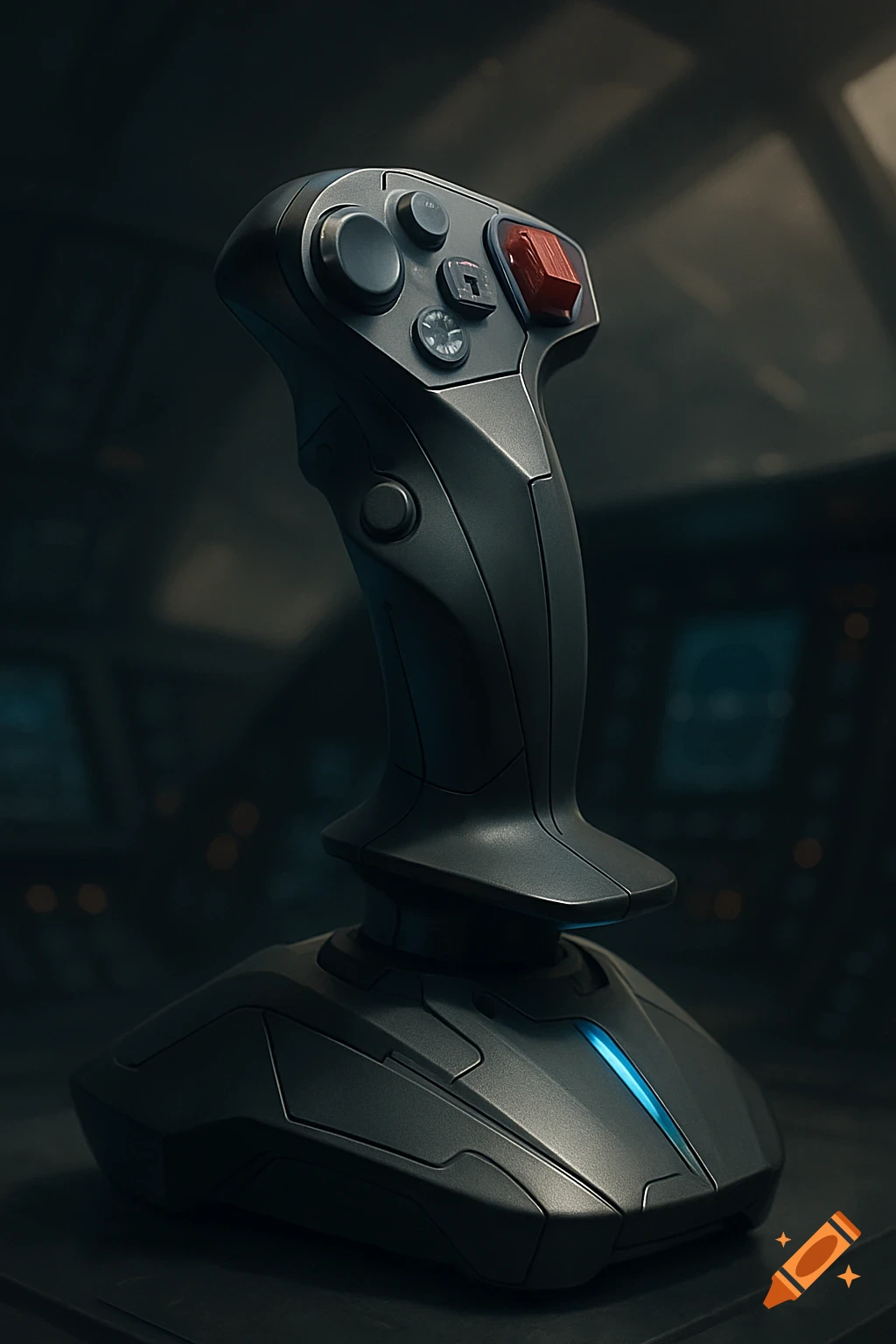 A sleek, dark gray gaming joystick with a red button and blue light on its base.