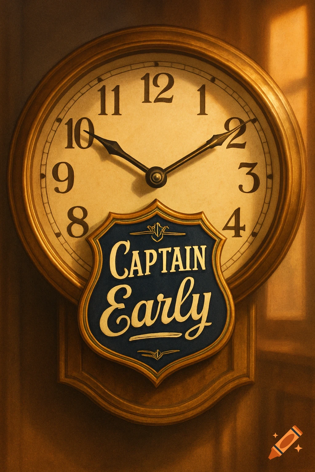 A vintage-style wall clock with a gold frame and a dark blue badge displaying 'Captain Early' on its face, set to 1:10.