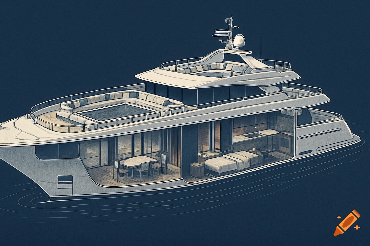 Detailed blueprint illustration of a luxury yacht, showcasing its internal layout with deck amenities, dining area, and sleeping quarters.