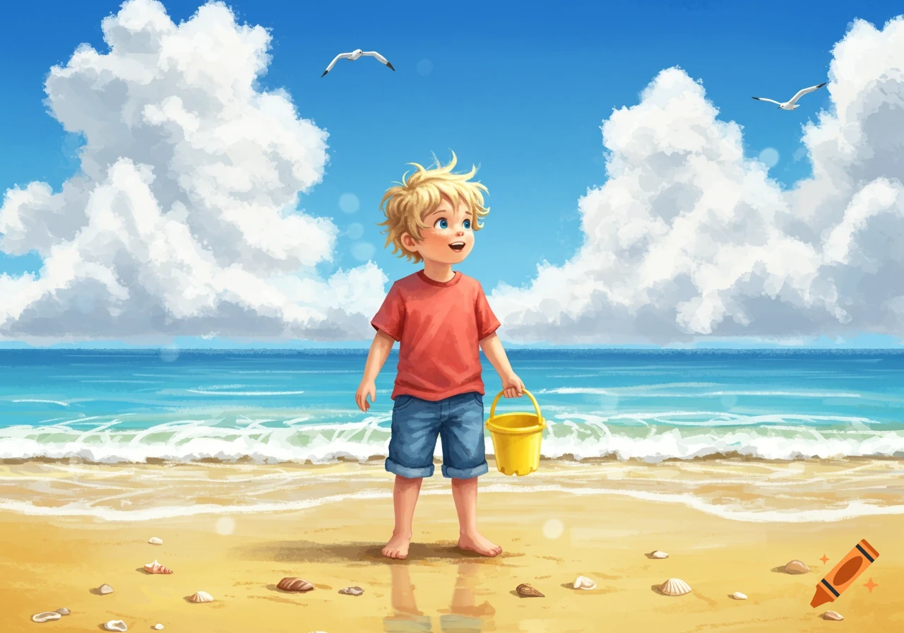 A blonde boy in a red shirt and blue shorts holds a yellow bucket on a sandy beach with seashells, ocean, clouds, and seagulls.