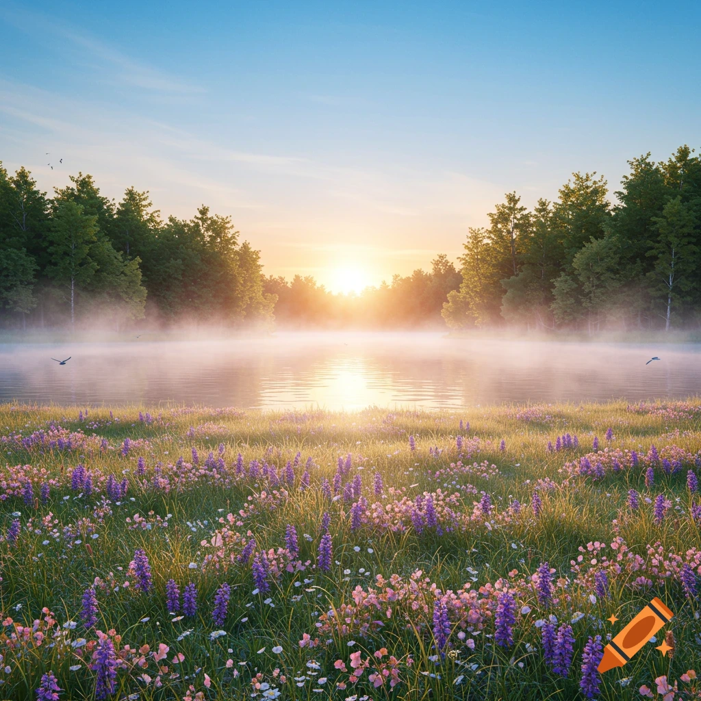 Photorealistic scene of a serene lake with mist at sunrise, surrounded by a lush forest and a field of purple and pink wildflowers.