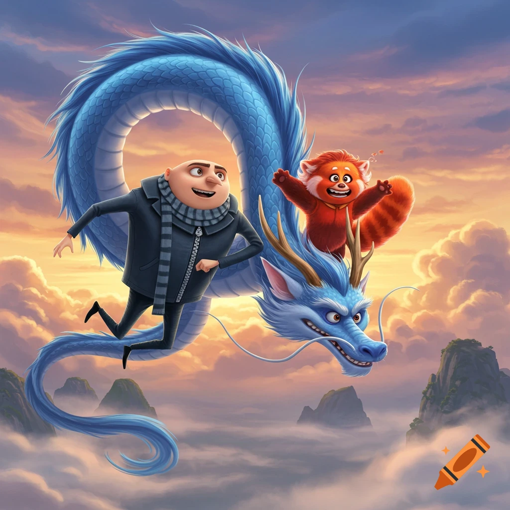 Gru and a red panda ride a blue Chinese dragon through a cloudy sky with mountains at sunset in an animated style.
