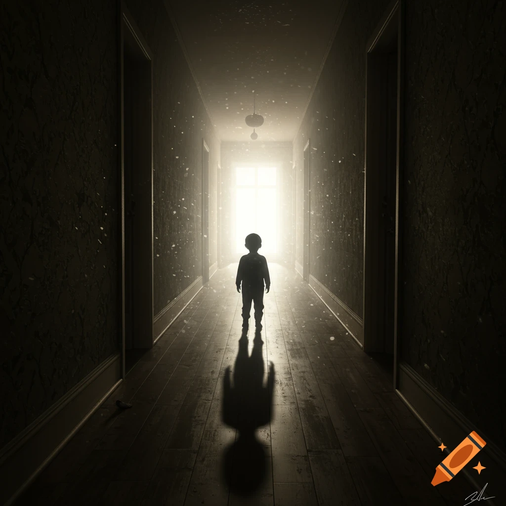 A child's silhouette stands in a dark, long hallway, facing a brightly lit window at the far end, with a strong shadow cast.