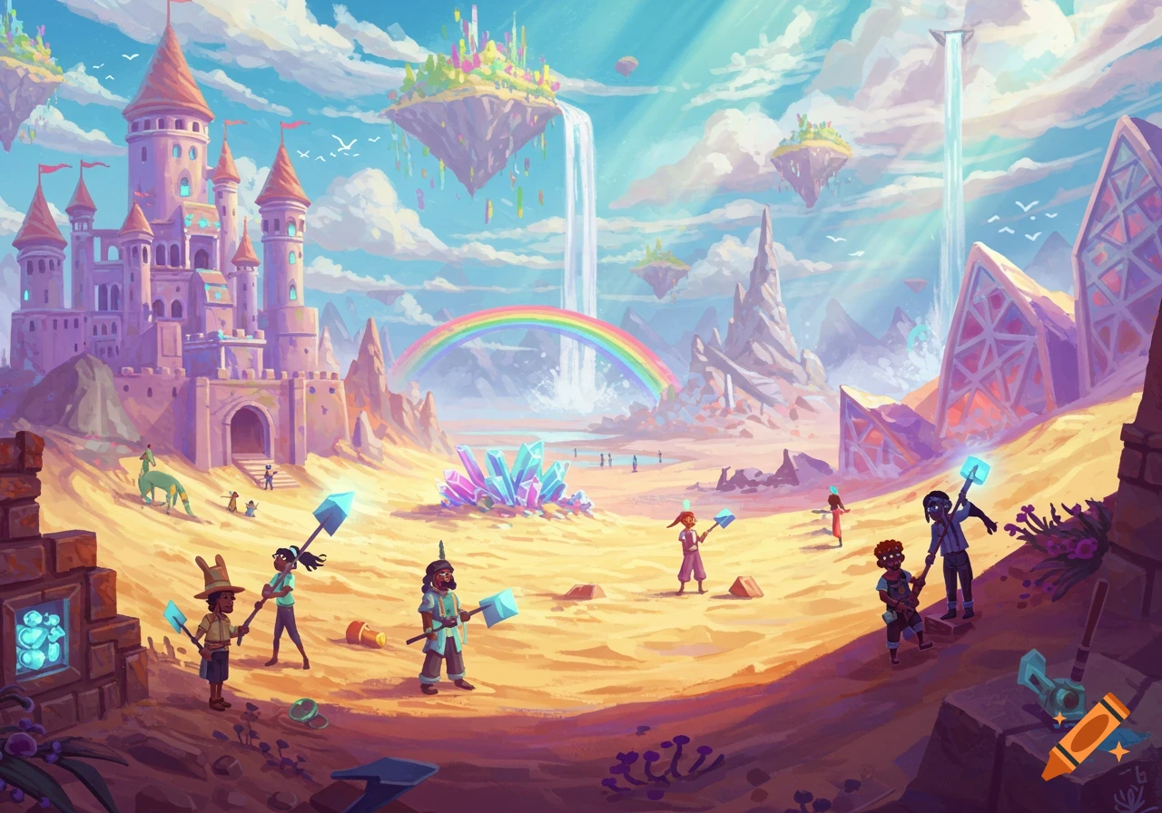Colorful fantasy landscape with a pink castle, floating islands, a rainbow, and characters mining crystals.