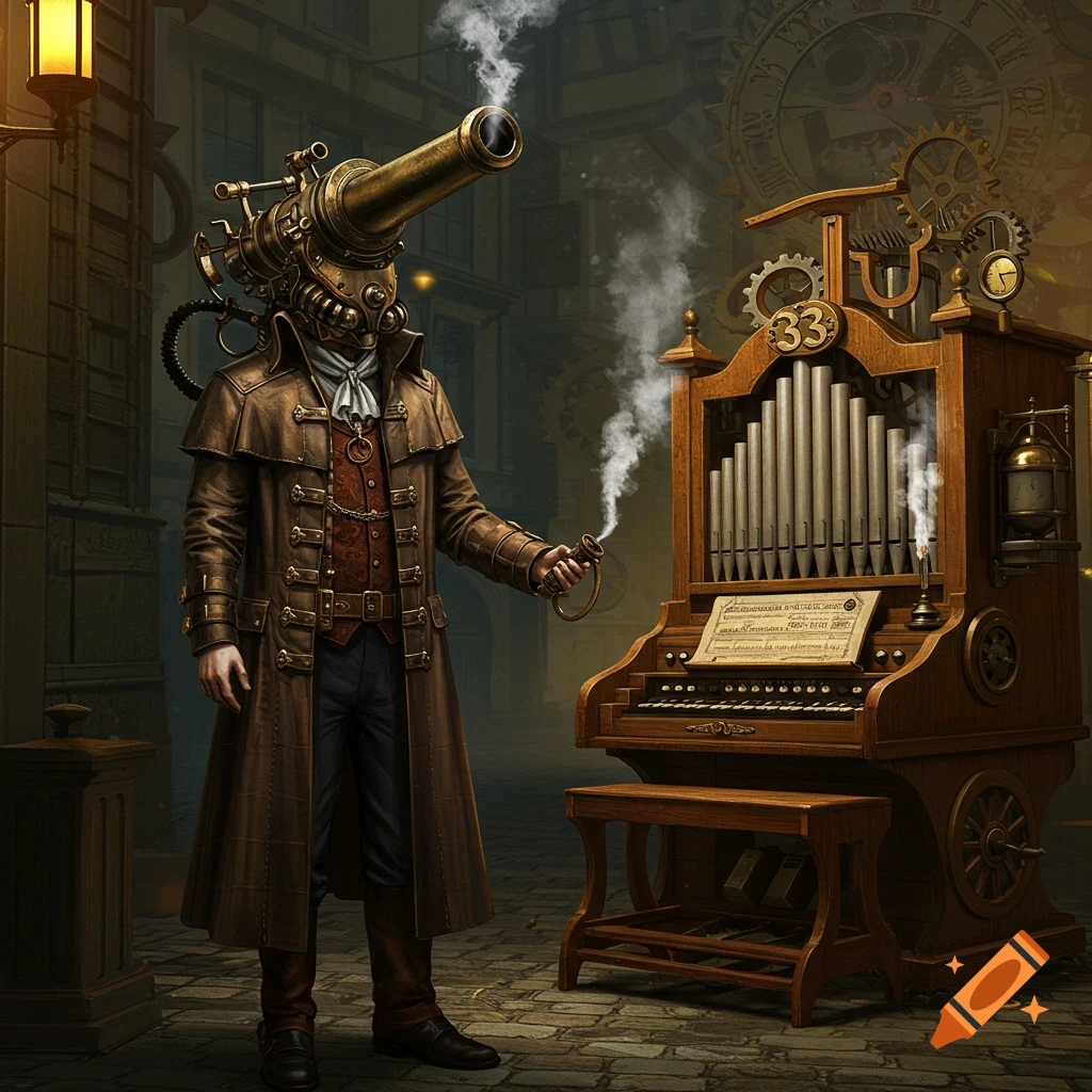 A steampunk man in a trench coat with a cannon for a head stands next to a wooden barrel organ emitting smoke in a dark alley.
