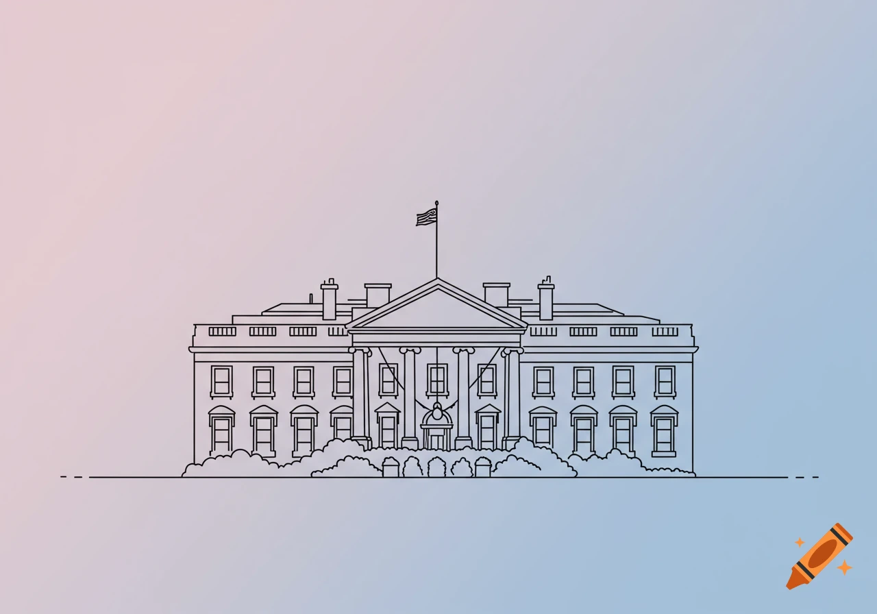 Minimalist line art drawing of the White House with a flag on the roof against a soft pink and blue gradient background.