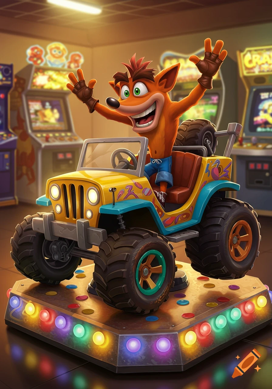 Cartoon Crash Bandicoot waves from a yellow jeep kiddie ride in a vibrant arcade with game machines.
