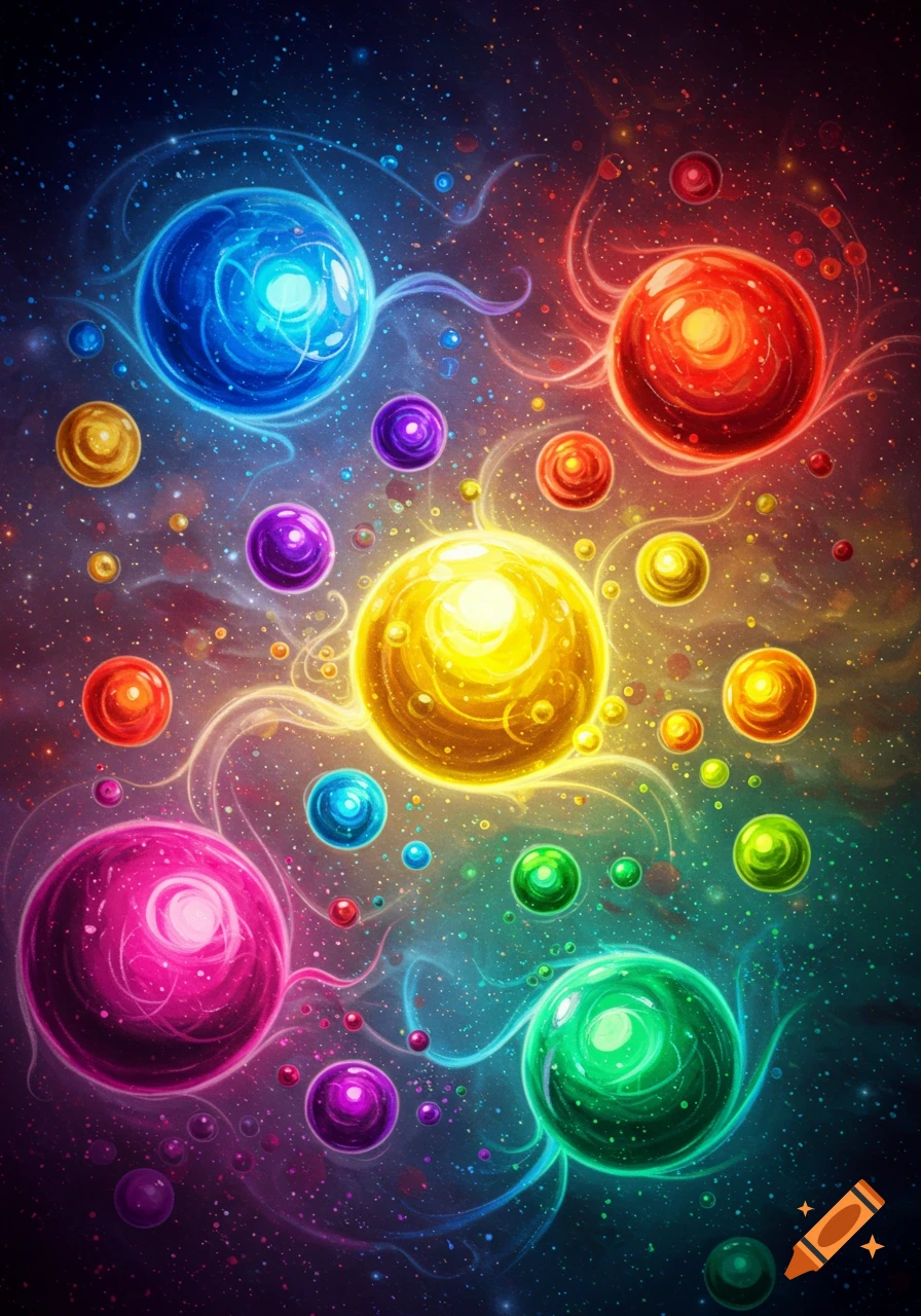 Vibrant abstract cosmic scene with glowing colorful spheres of varying sizes against a dark, starry background.