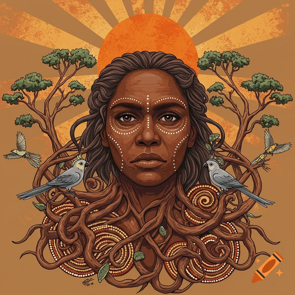 Digital artwork of an Aboriginal woman's face with dot paintings, hair as roots, surrounded by stylized gum trees, birds, and a grunge sun.