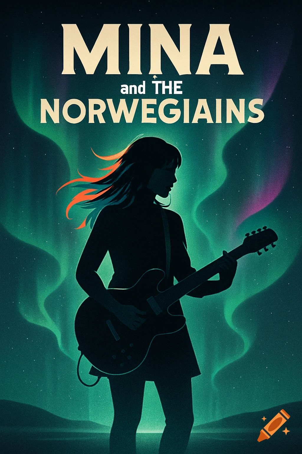 A band poster with a silhouette of a guitarist under the Northern Lights, text reads 'MINA and THE NORWEGAINS'.