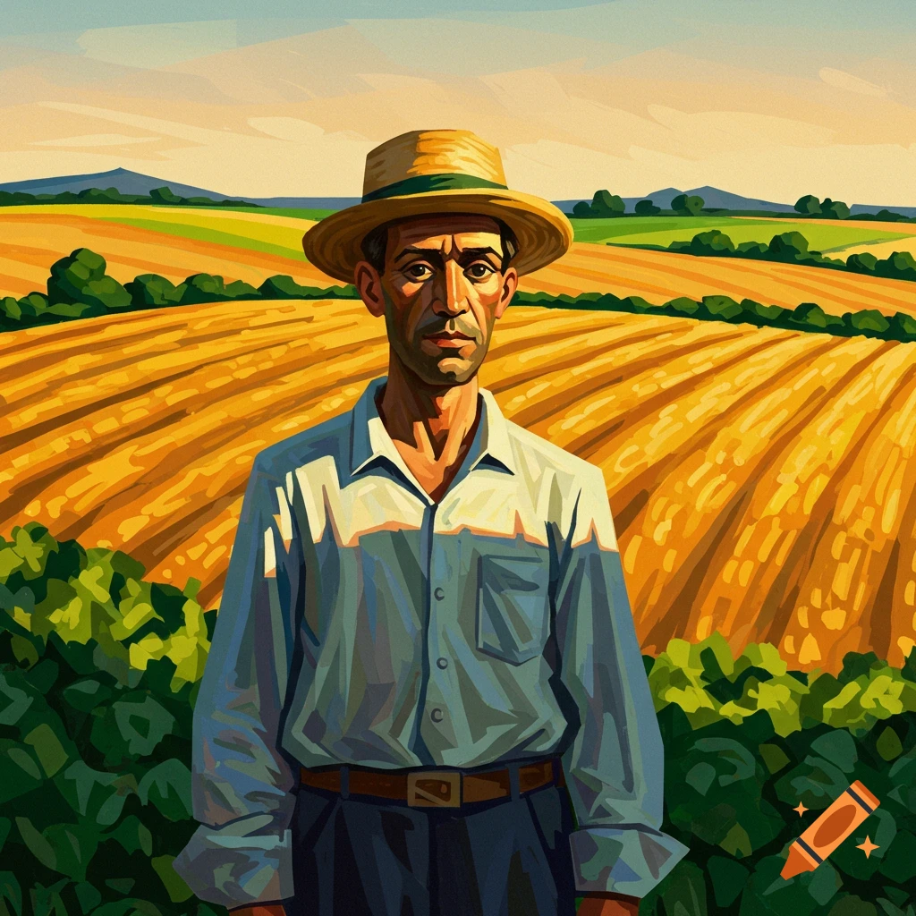 Stylized painting of a man in a straw hat in a golden farm field under a sunny sky, in the style of Pablo Picasso.