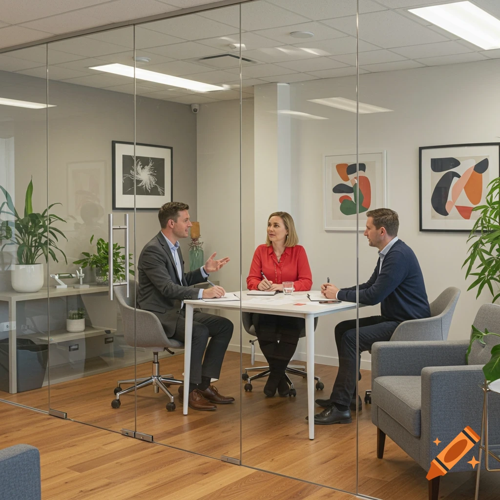 Three business professionals discussing at a table in a modern glass-walled office, photorealistic.