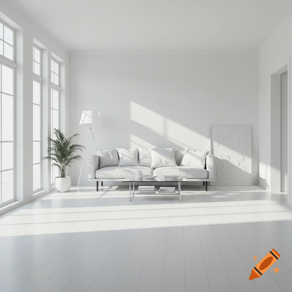 A minimalist, all-white living room with a white sofa, glass coffee table, potted plant, and tall windows. Sunlight streams in.