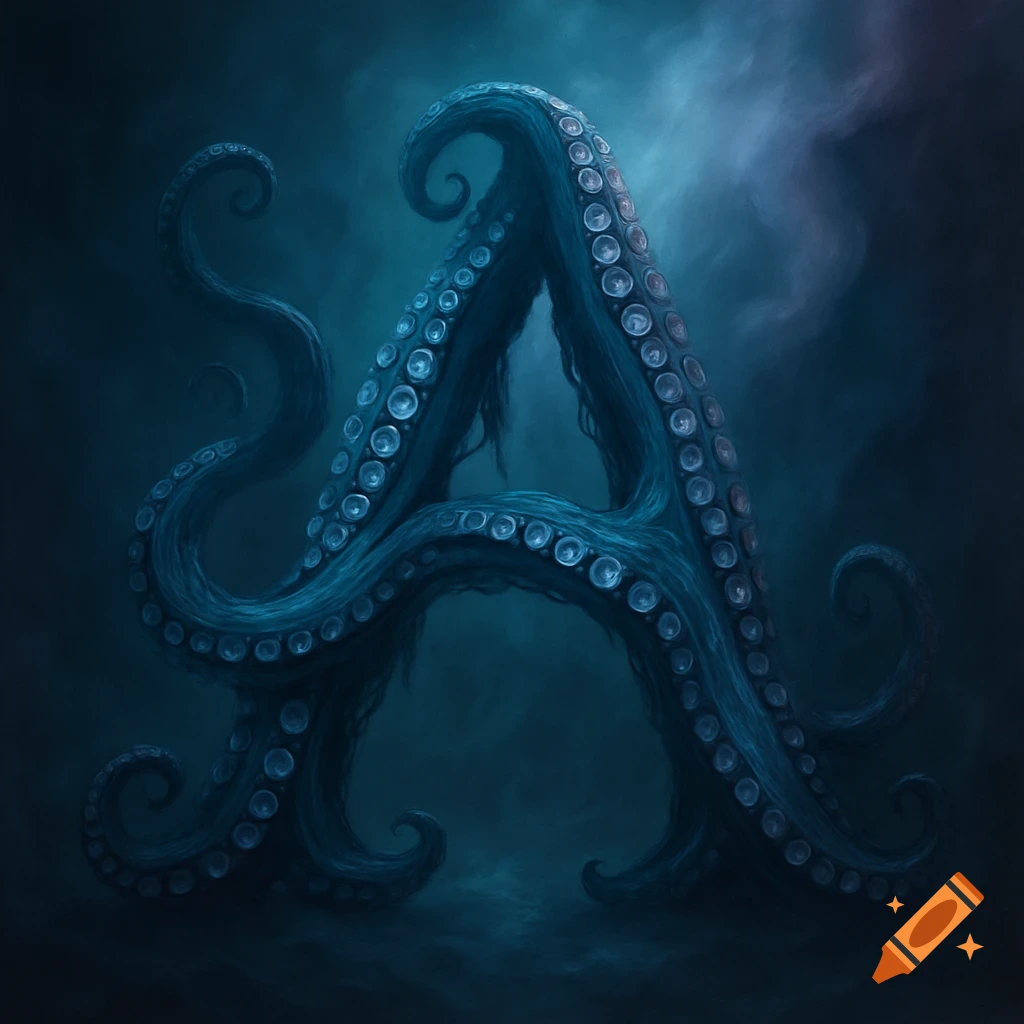 The letter A formed by dark blue octopus tentacles with suckers, emerging from a murky, dark blue underwater background.