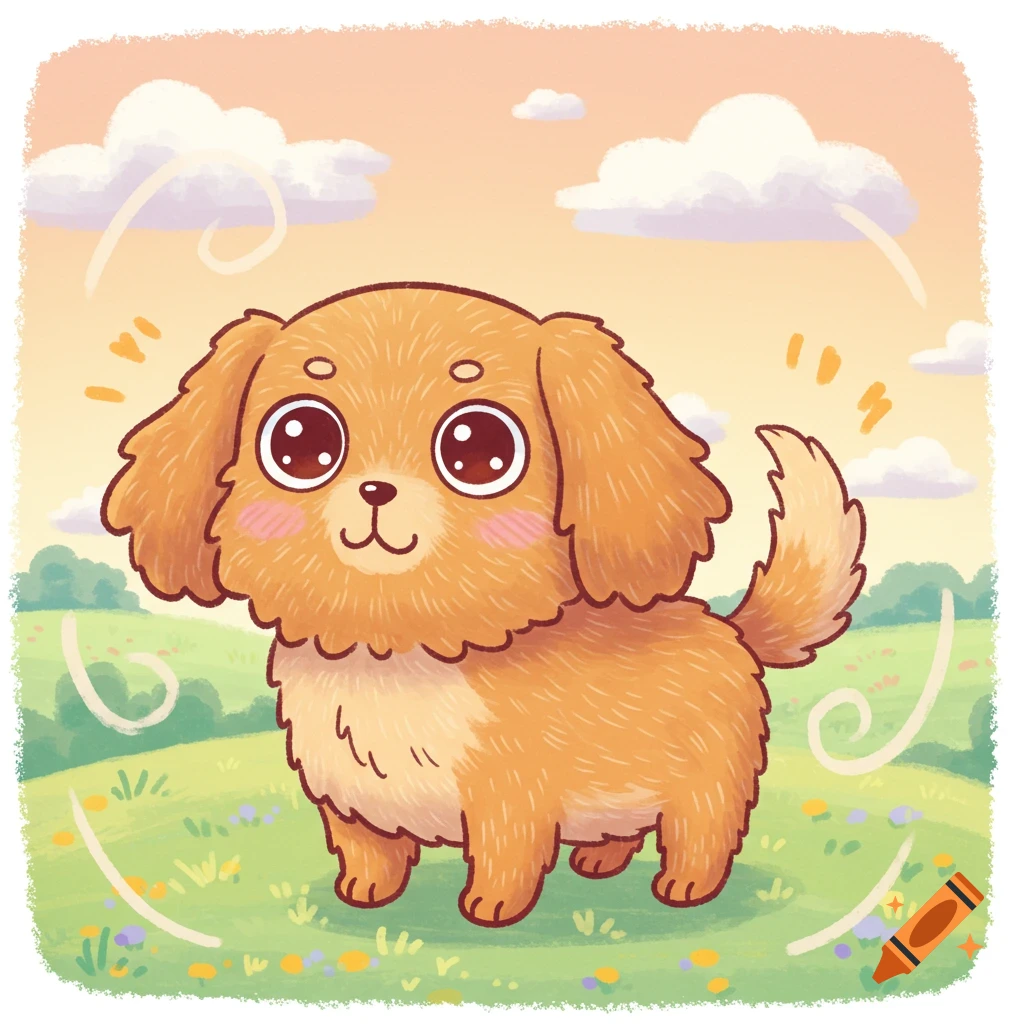 A cute, fluffy cartoon puppy with big eyes and rosy cheeks stands in a green field under a cloudy sky.
