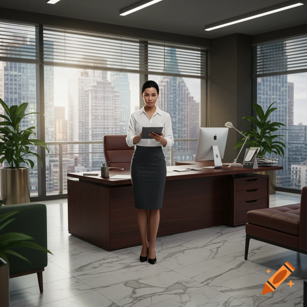 Photorealistic image of a businesswoman standing in a modern office holding a tablet, with a city skyline outside the window.