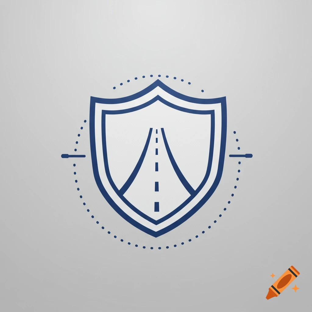 Blue shield icon with a white dashed road symbol inside, surrounded by dotted circles on a grey background.