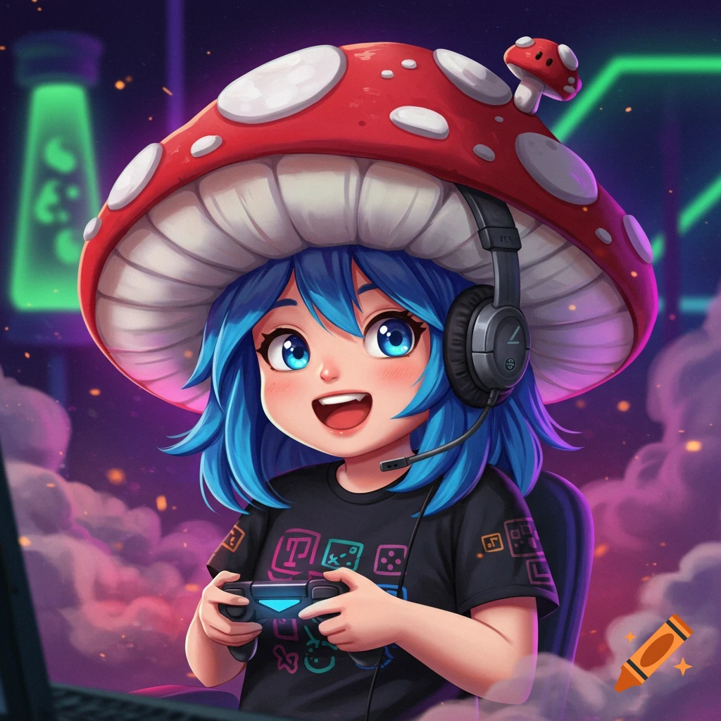 A blue-haired anime-style gamer girl with a red mushroom hat and headphones plays a video game controller, against a glowing neon background.