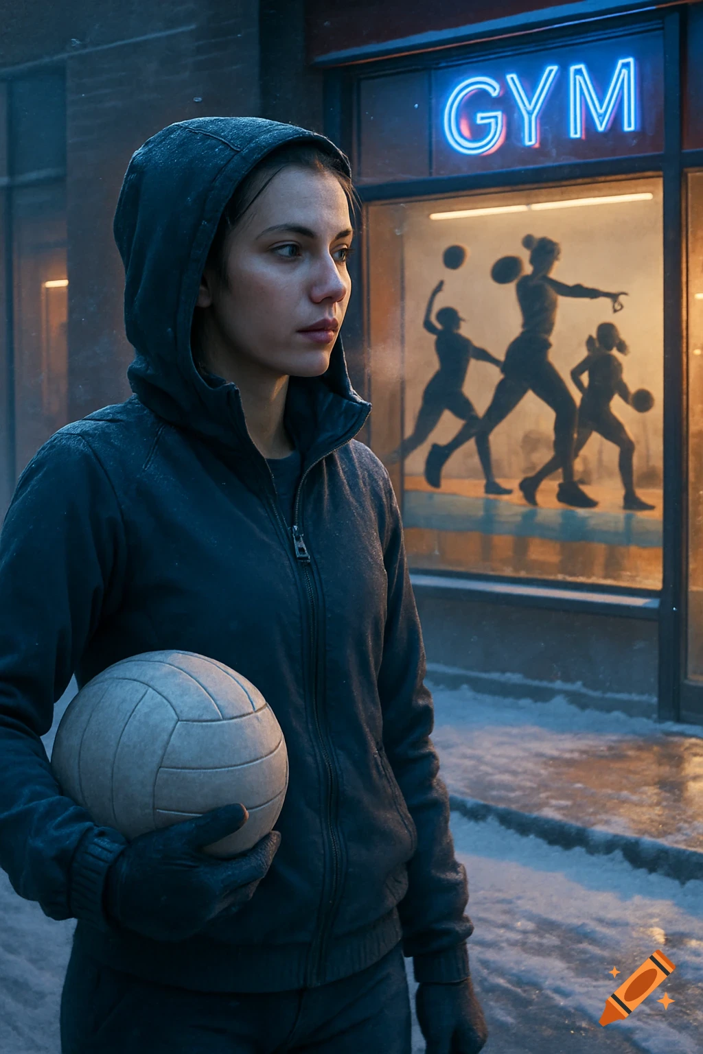 A woman in a hooded jacket and gloves stands in the snow holding a volleyball outside a neon-lit gym.