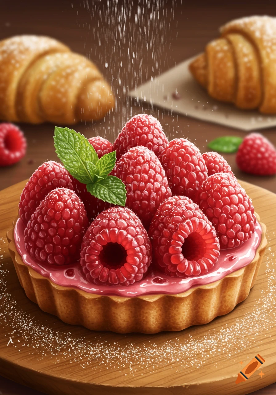 A close-up of a raspberry tart topped with mint, powdered sugar falling, on a wooden board with blurred croissants.