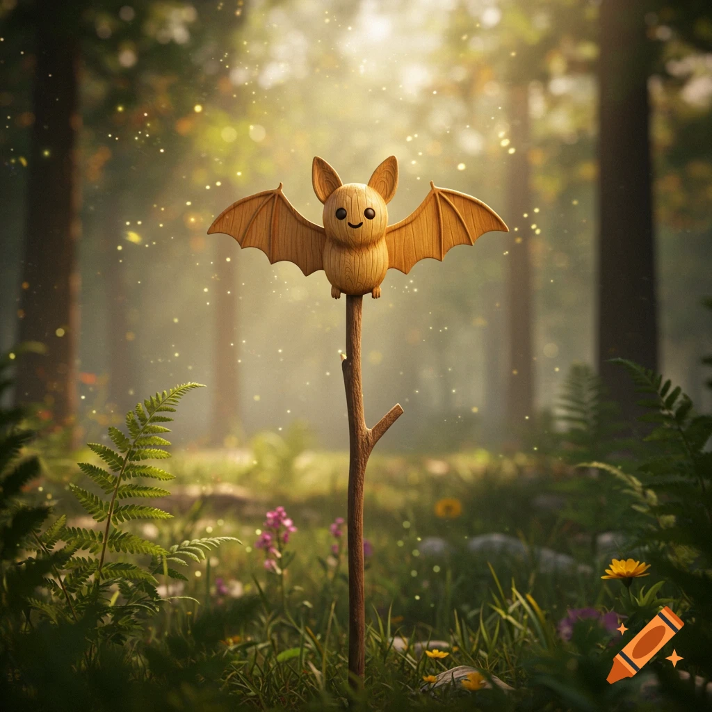 A cute wooden bat figurine with a smile sits on a stick in a magical, sunlit forest with glowing particles.