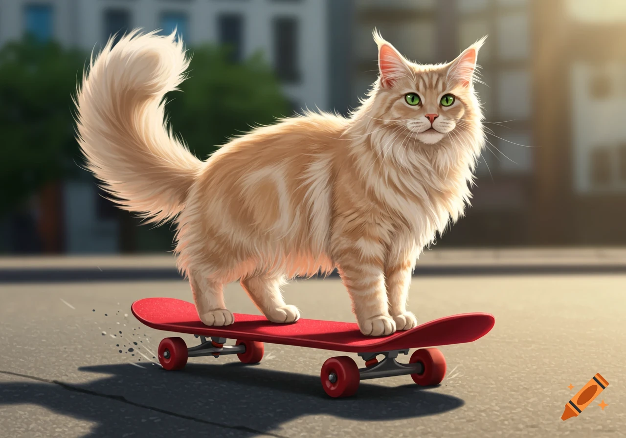 A fluffy blonde Maine Coon cat with green eyes stands on a red skateboard on a paved road, in a sunny outdoor setting.