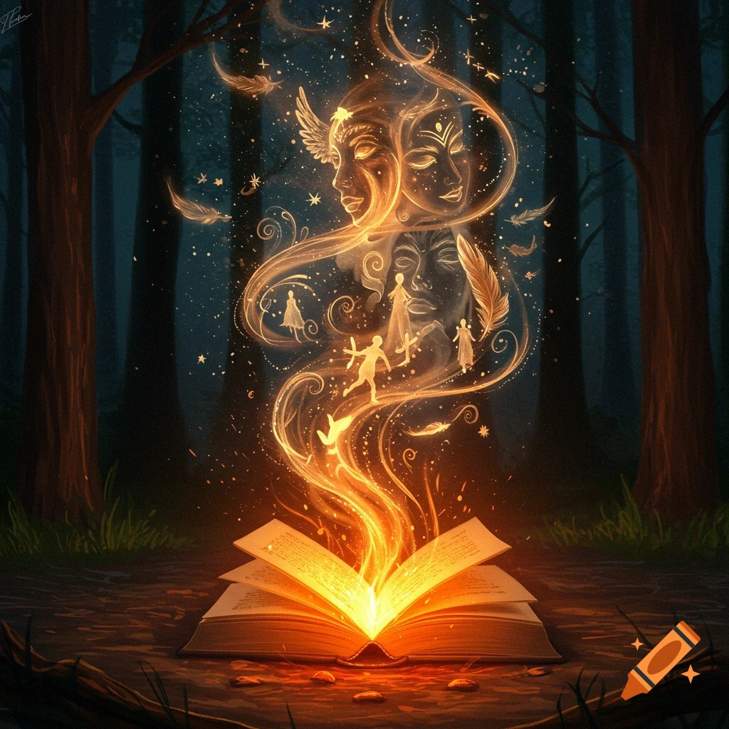 An open book in a dark forest emits glowing, dreamlike light forming mystical faces, figures, stars, and feathers.