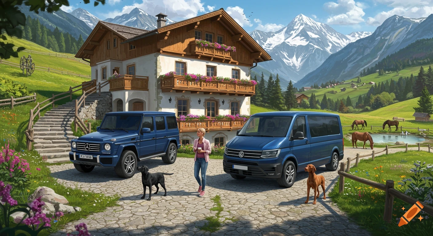 A blue Mercedes G-Class and VW van parked on a cobblestone driveway in front of an Alpine house with mountains and horses in the background.