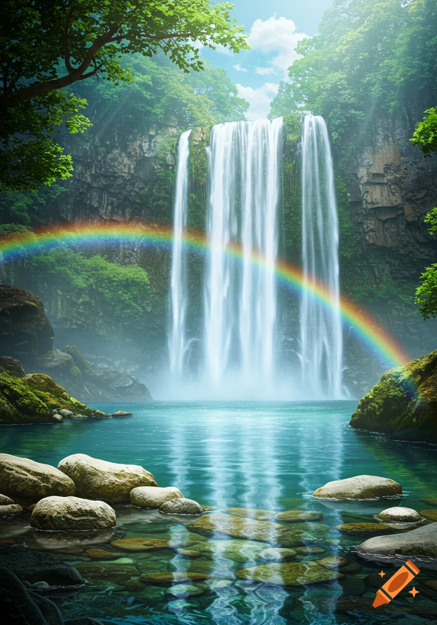 A majestic waterfall cascades into a serene turquoise pool, with a vibrant rainbow arching over the misty water in a lush green forest.