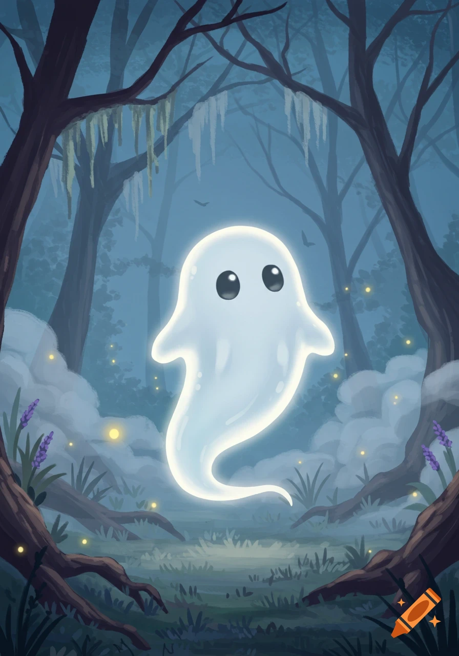 A cute, glowing white cartoon ghost floats in a mystical, misty forest with gnarled trees and fireflies.
