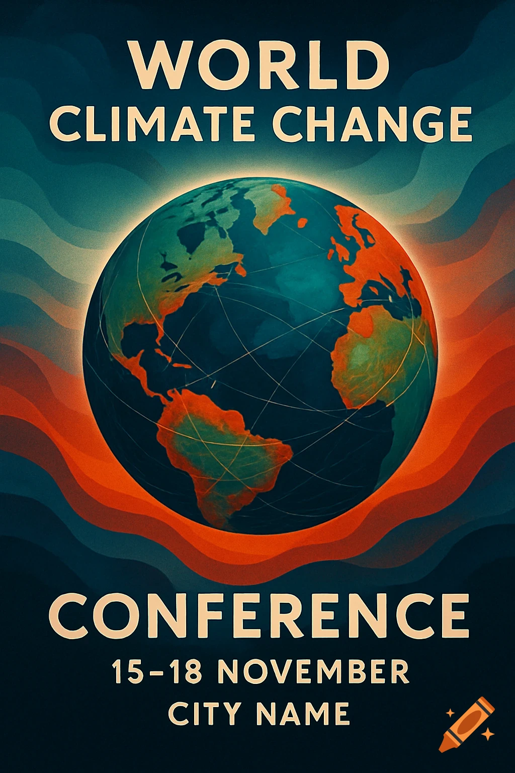 A retro-style poster for the World Climate Change Conference, featuring Earth against a blue and orange wavy background.