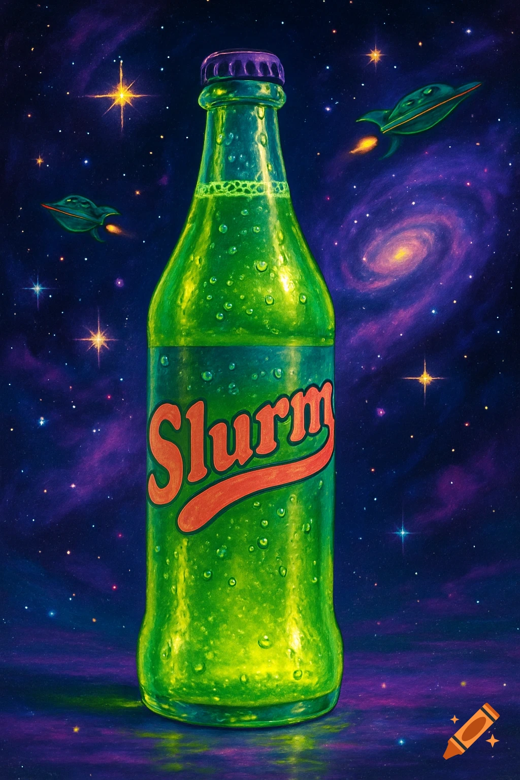 A vibrant green Slurm soda bottle with condensation in deep space, surrounded by stars, a galaxy, and small rocket ships. Illustration.