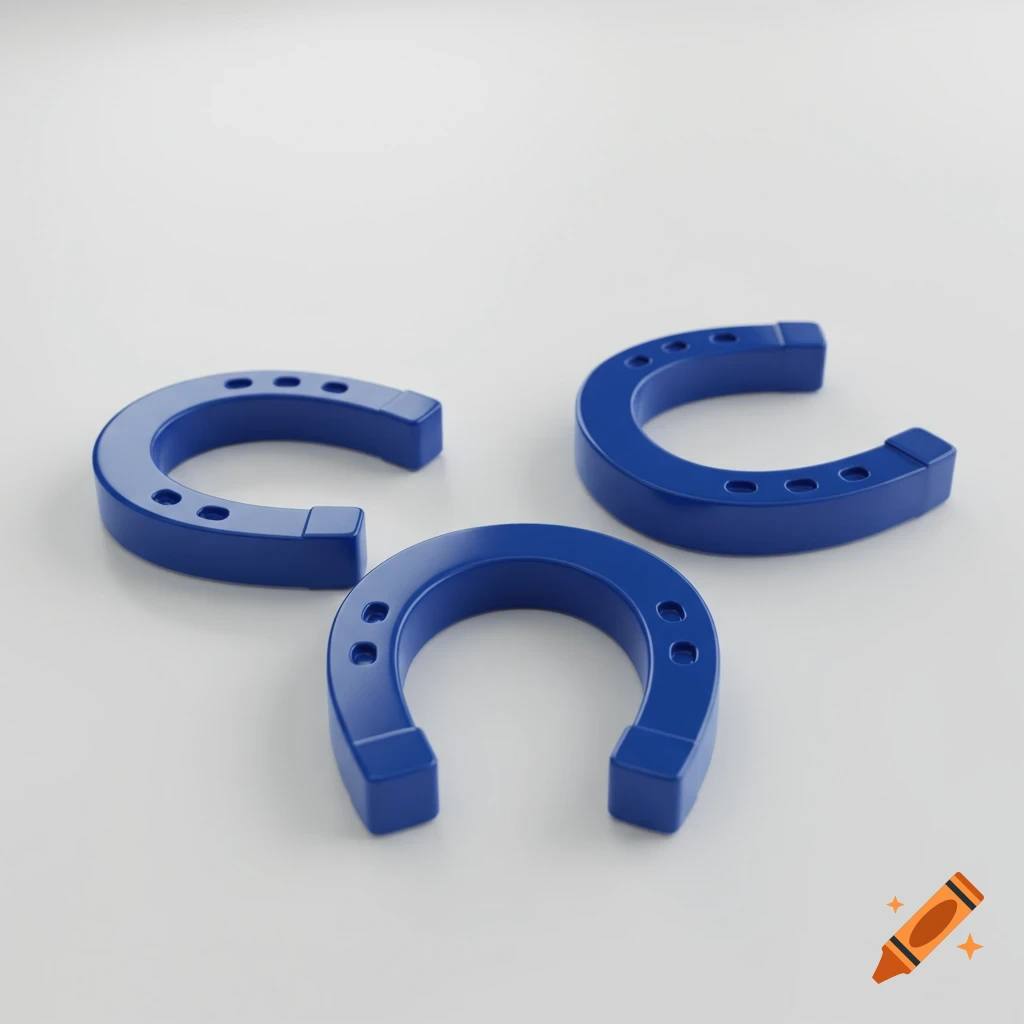 Three bright royal blue plastic horseshoes, similar to the Indianapolis Colts logo, arranged on a white surface.