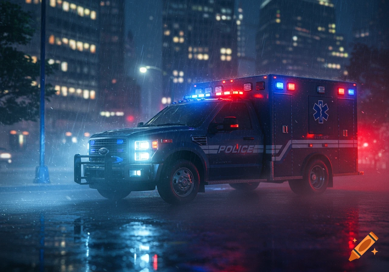 A dark blue police ambulance with flashing lights drives through a rainy city street at night, with reflections on the wet asphalt.
