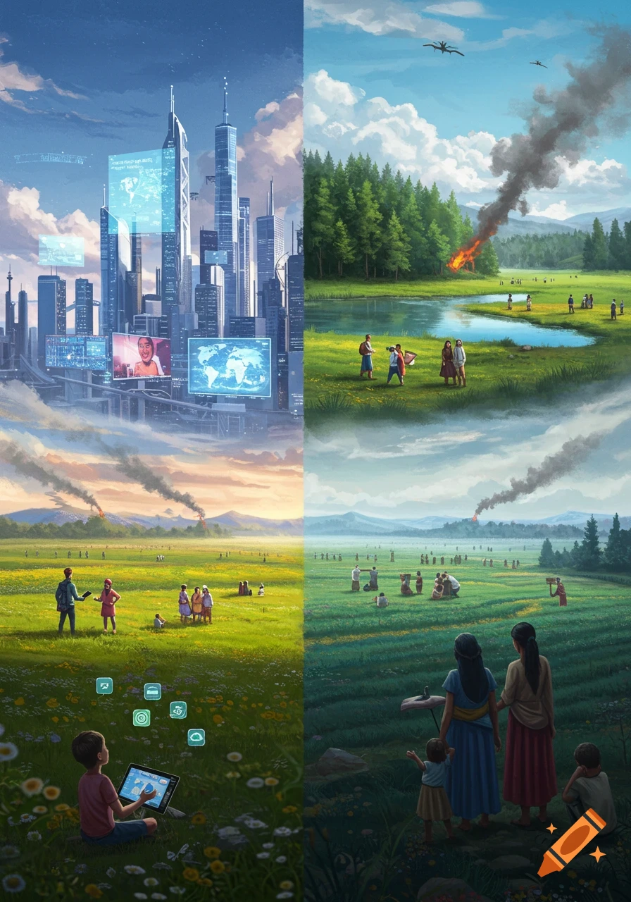 A thought-provoking digital painting depicting a split world: a futuristic city on one side, and natural landscapes with people, some fires, and farming on the other.