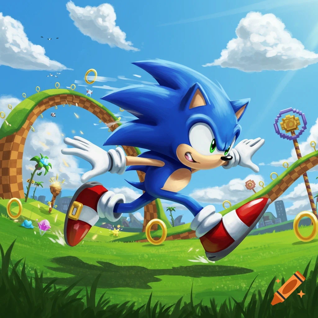 A blue hedgehog, Sonic, running through a vibrant green landscape with gold rings and checkerboard hills under a clear blue sky.