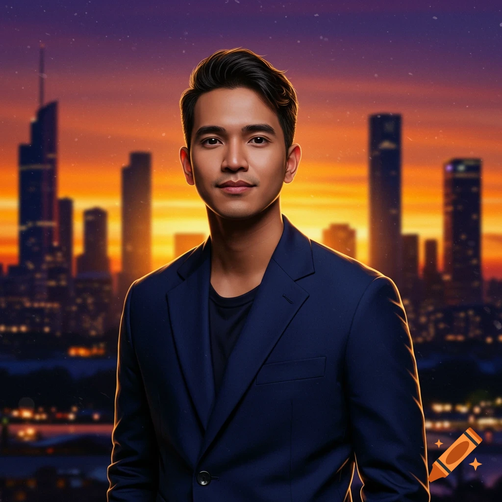 A man in a dark blue suit smiles slightly against a city skyline at sunset.