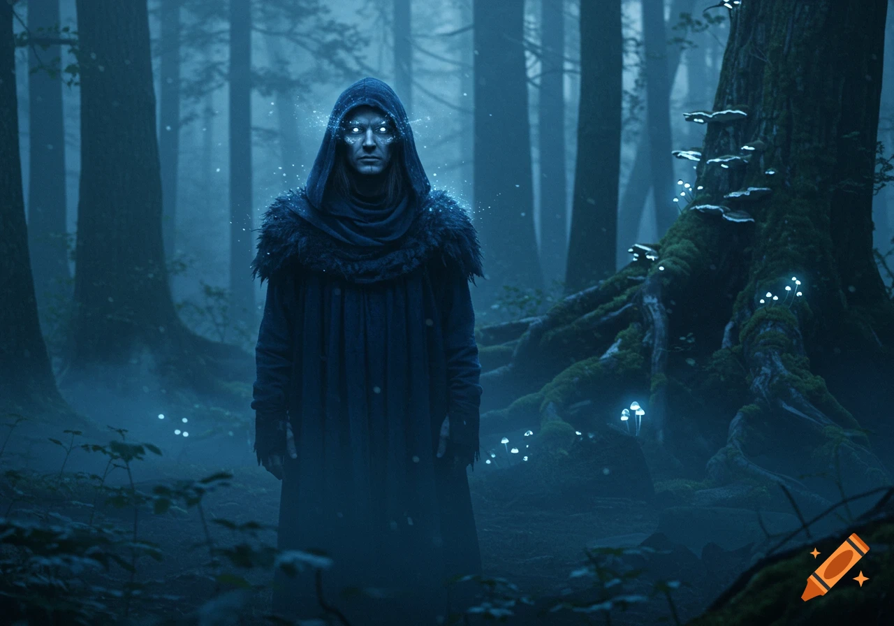A mysterious figure in a dark hooded cloak with glowing white eyes stands in a misty forest with bioluminescent mushrooms.