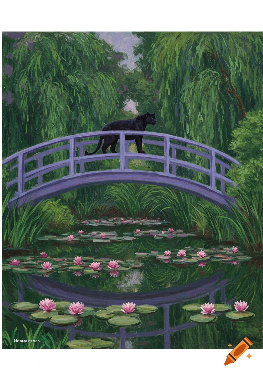 A painted scene in Monet's style featuring a black panther on a purple bridge over a lily pond with weeping willows.