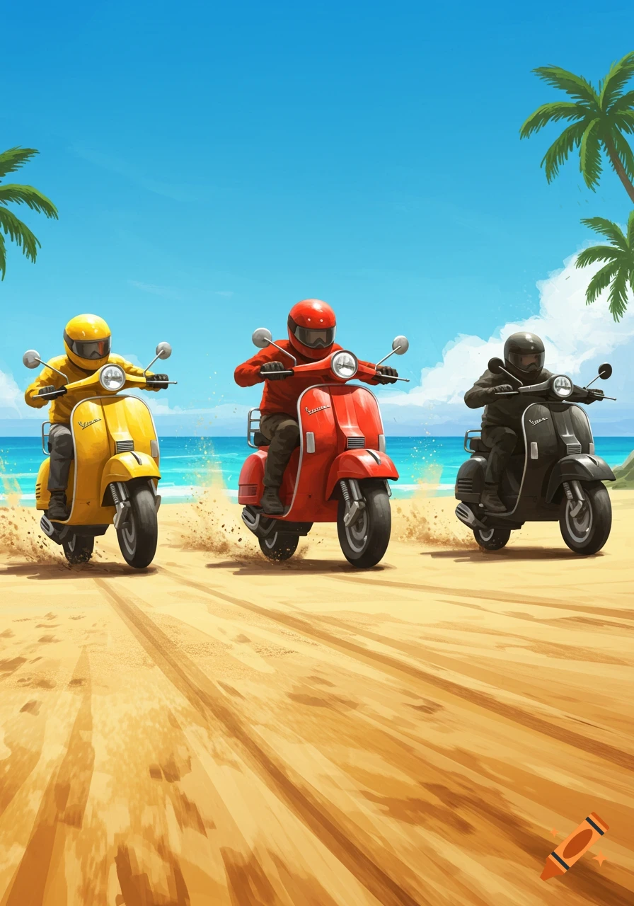 Three riders on yellow, red, and black scooters race on a sunny beach with palm trees and blue ocean.