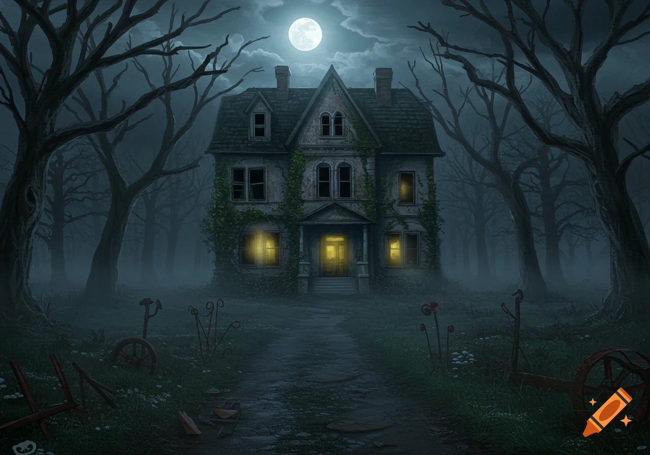 A creepy, dilapidated gothic house with glowing windows stands in a misty, dark forest under a full moon.