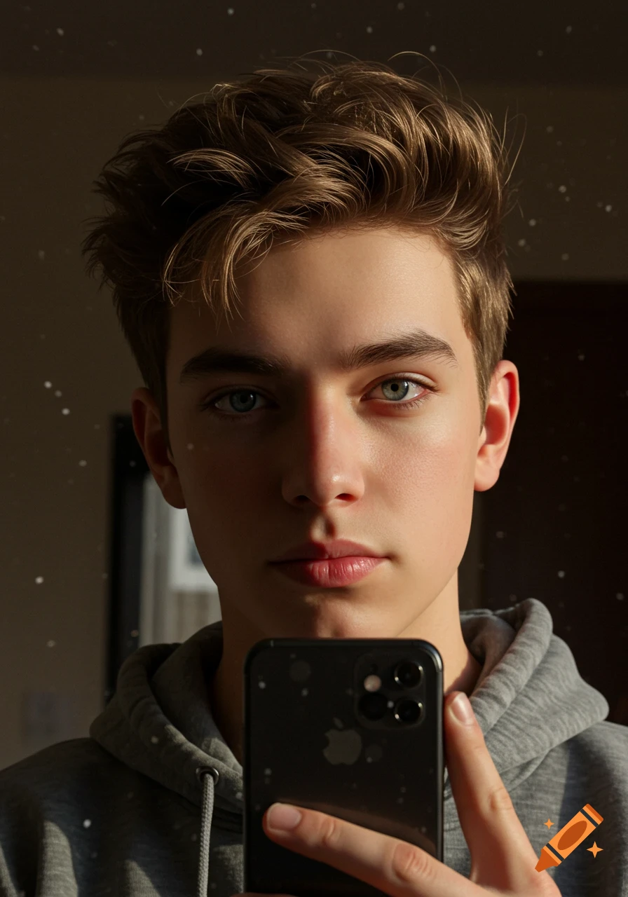 Photorealistic selfie of a young man with messy brown hair and blue eyes, holding a black smartphone, with speckled light in the background.