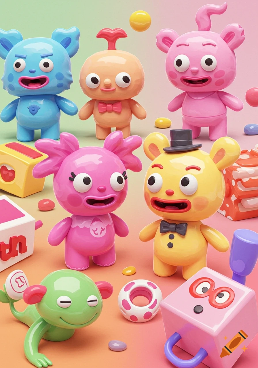 A collection of colorful, cartoonish monster-like toys in a 3D render style, on a pastel gradient background.