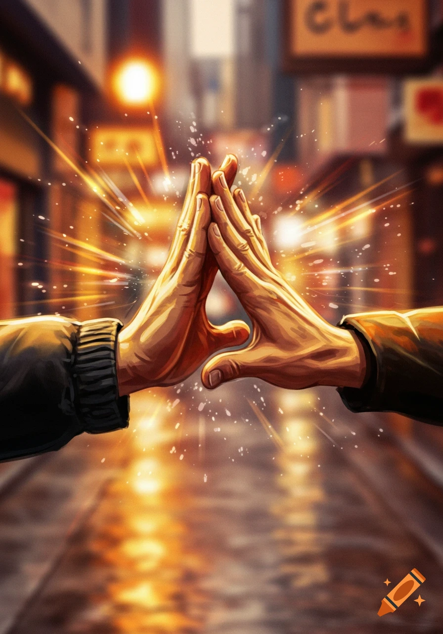 Two stylized hands meet, surrounded by glowing light and sparks, against a blurry urban background.