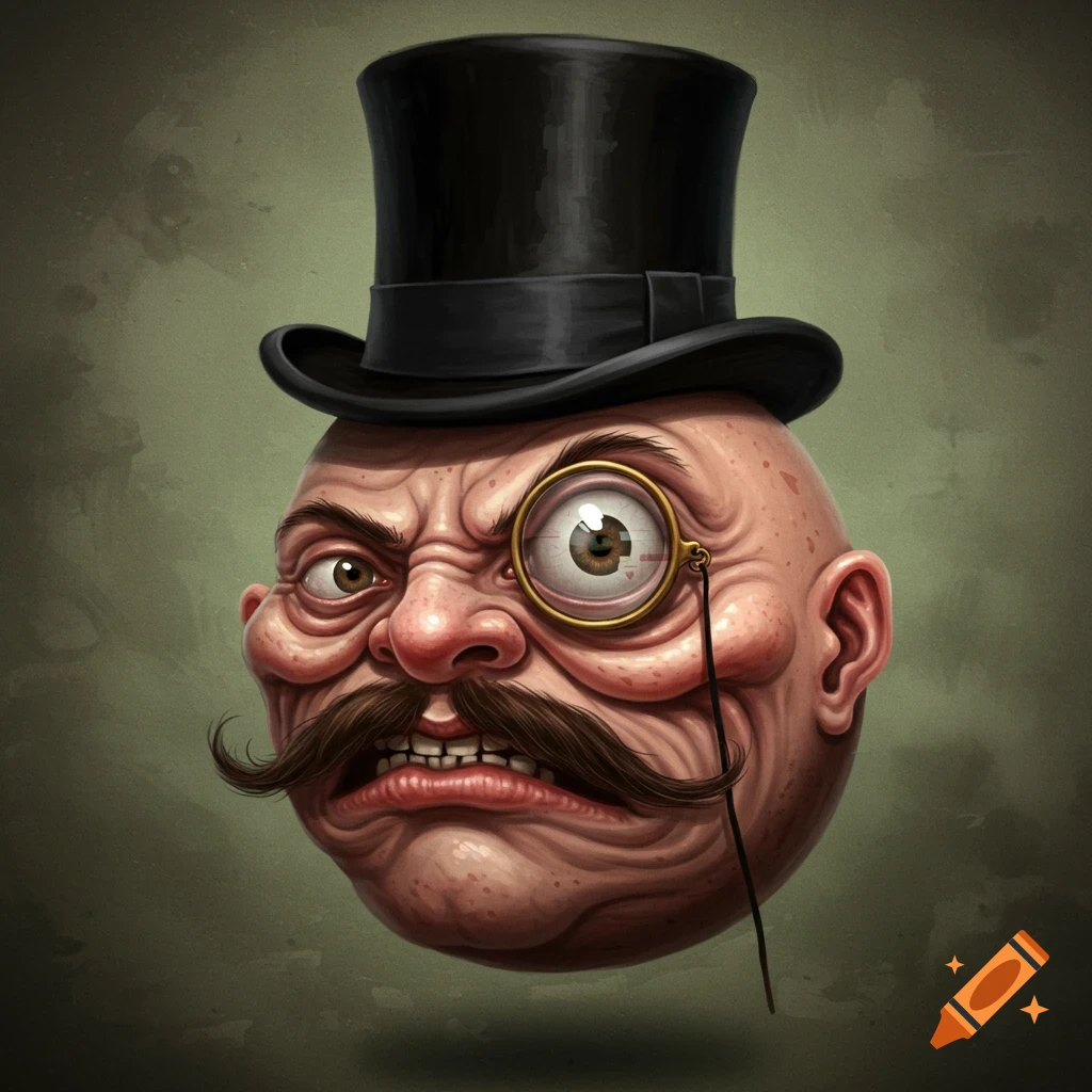 A grotesque, cartoon head with a top hat, monocle, and mustache, in an exaggerated, distorted illustration style.