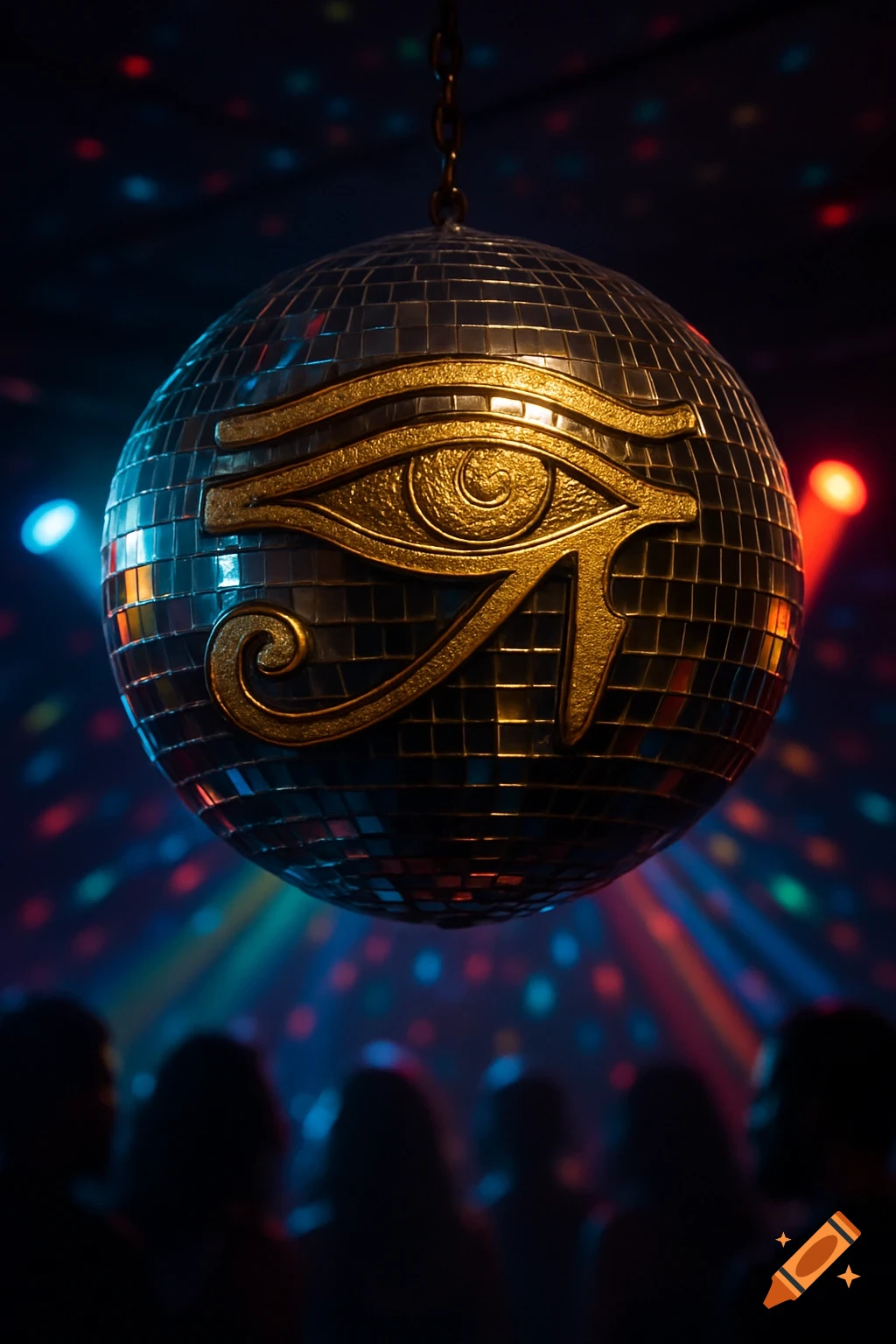 Golden Eye of Ra symbol embossed on a shiny disco ball in a dark club with colorful lights and blurred people.